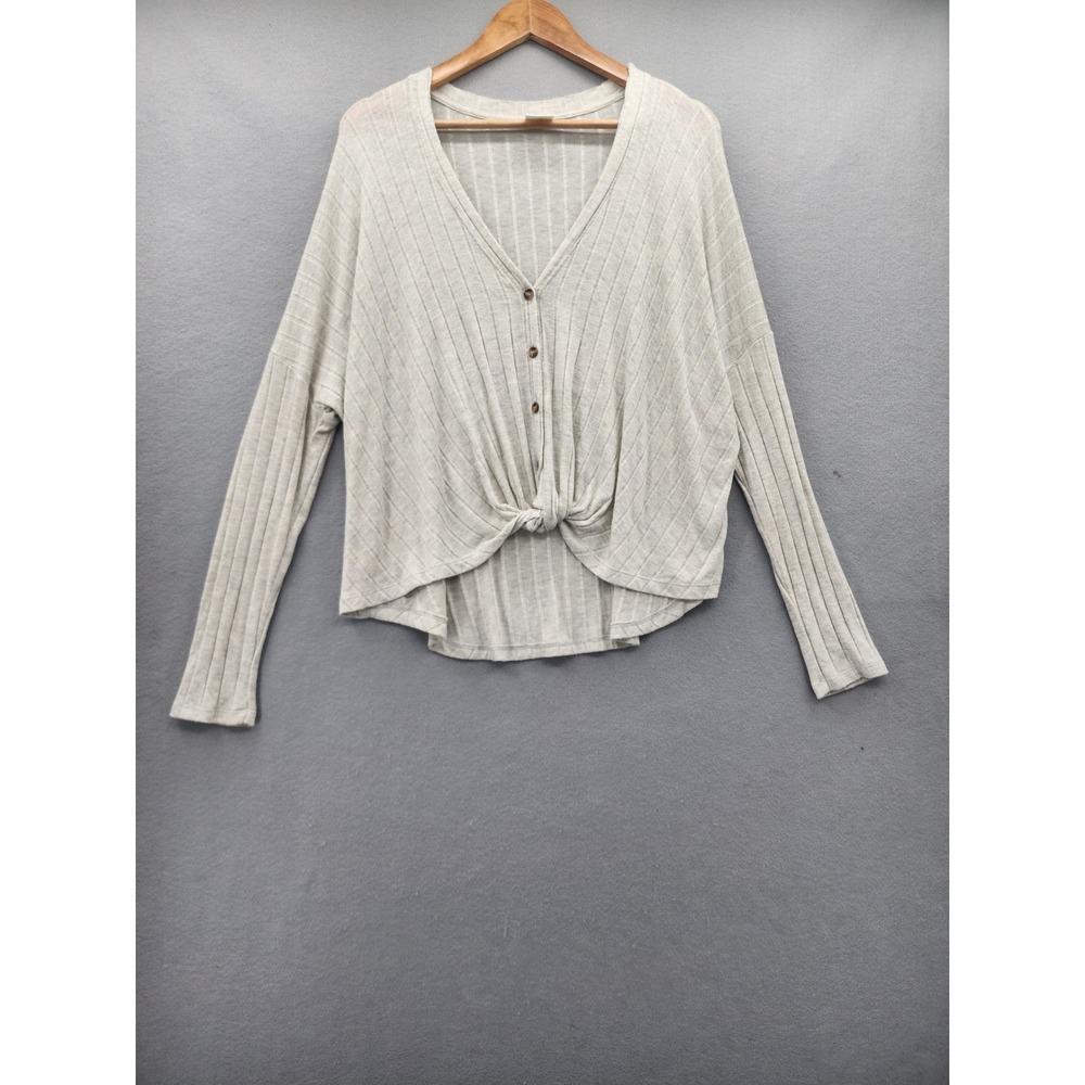 By Together Ribbed Front Knot Top Gray Long Sleeve Button V-Neck Large USA